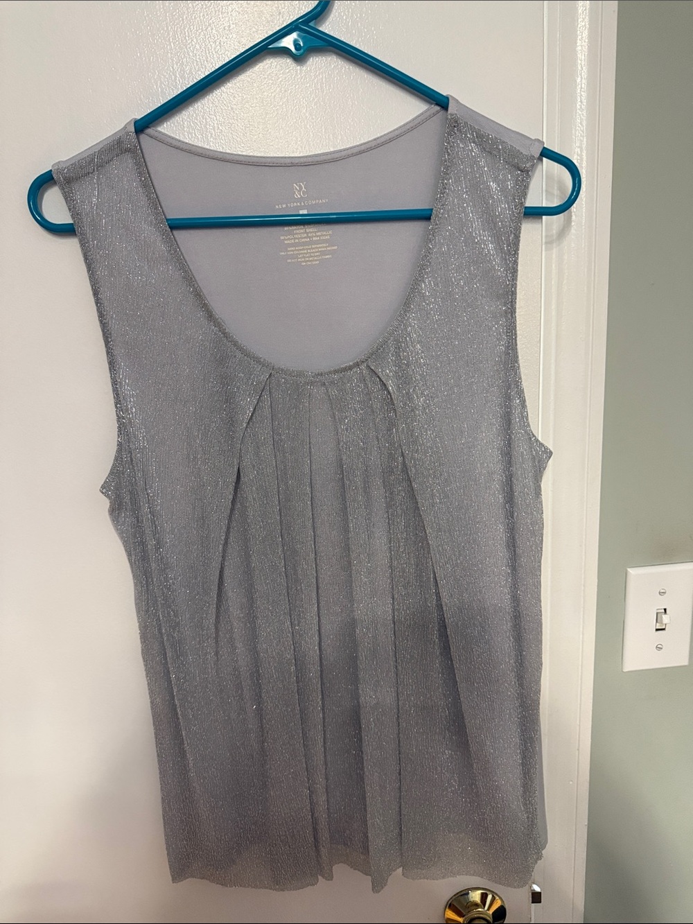 New York & Company Silver Shimmer Pleated Scoop Neck Tank